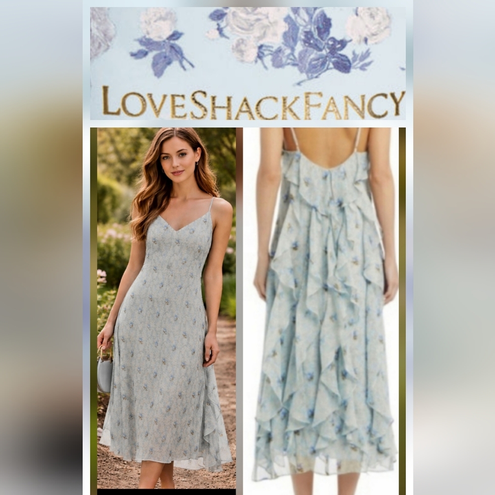 Loveshackfancy Silk Midi Slip Dress Floral Size Medium Ruffle Fairycore